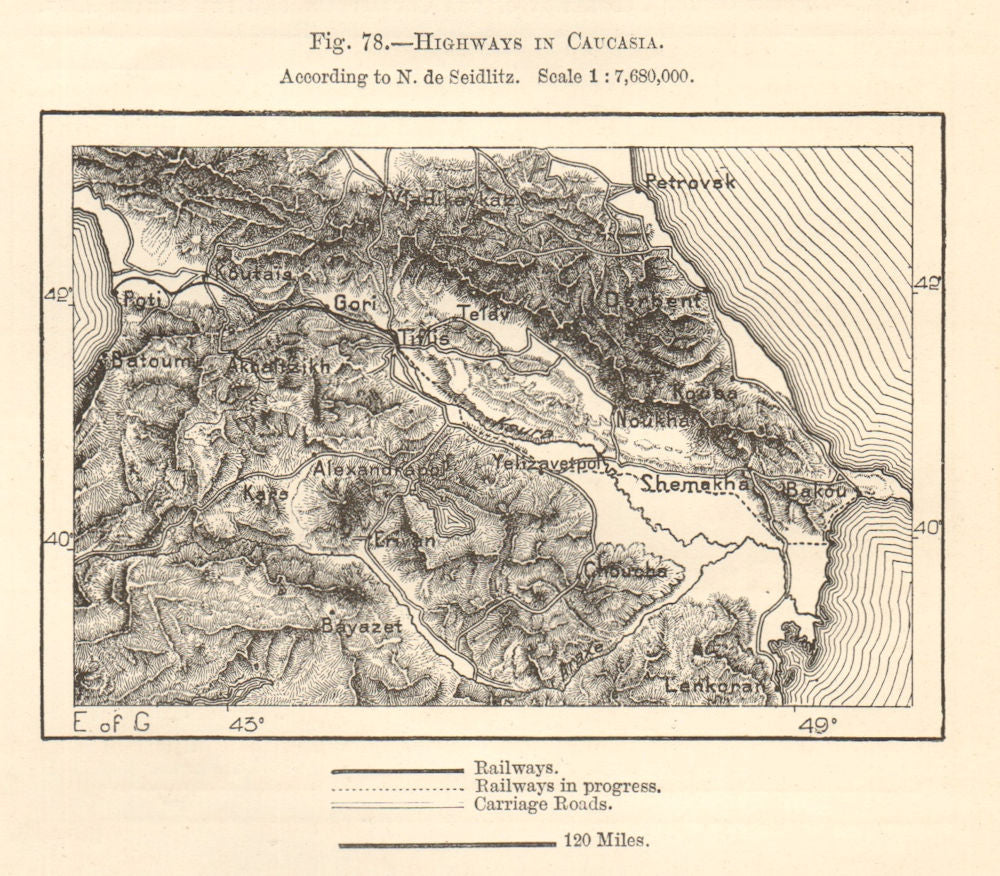 Caucasus railways & roads. Georgia Azerbaijan Armenia Turkey. Sketch map 1885